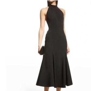 Milly Black Halter Neck Open Back Pleated Hem Midi Dress Size 8 Cocktail Formal